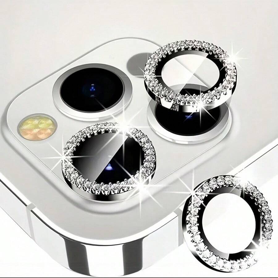 1 Set Silver Diamond Lens Cover, Suitable For IPhone 13/14/15/16/17pro Max/11/12, Shiny Crystal Material, 3D Lens Protector, Phone Accessories, Camera Decoration Sticker, Shockproof, Scratch-Resistant, Birthday, Gift For Friends