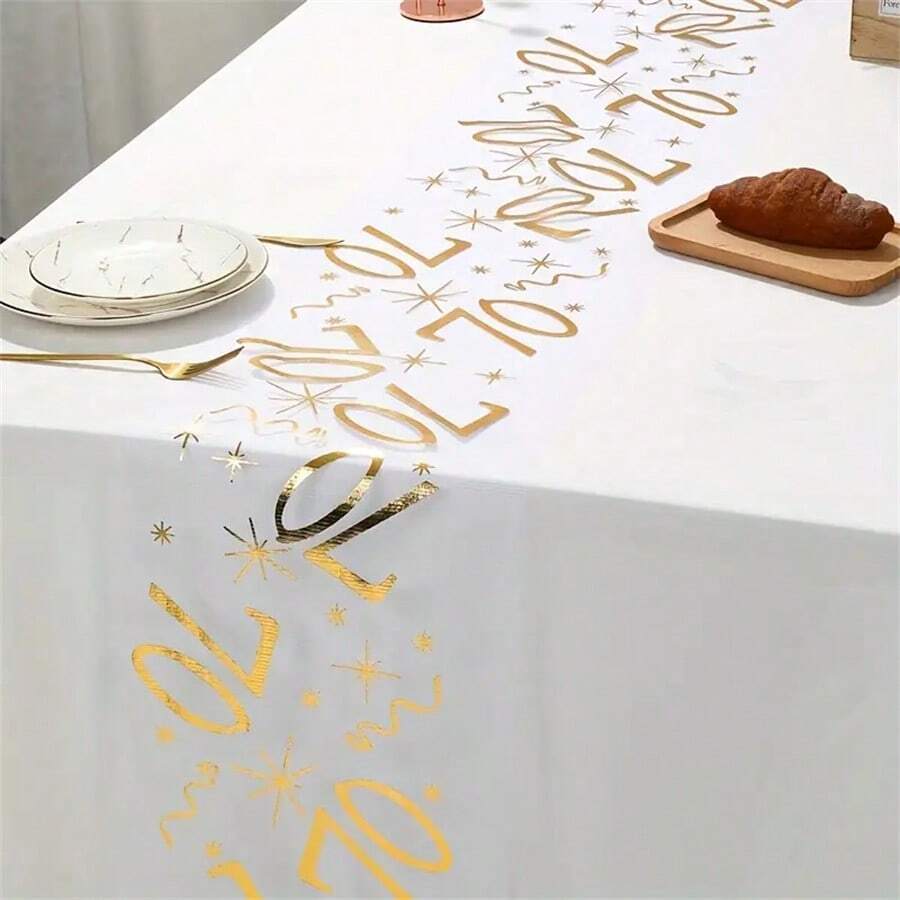 1 Roll Gold Birthday Number 70 Table Runner, Polyester Mesh, Durable, Skin-Friendly And Soft, Lightweight And Breathable, Suitable For Room, Bedroom, Living Room, Kitchen Decoration, Birthday Party, Holiday Celebration Decor - View 1