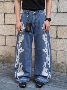 1 pieza Jeans de pierna ancha y corte holgado con estampado retro punk para hombre, estilo callejero - Azul - Ver 3