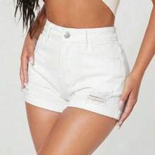xuehuamaoyi02  PETITE Shorts vaqueros casuales y desgastados con bolsillos para mujer, versátiles para uso diario - Blanco - Ver 1
