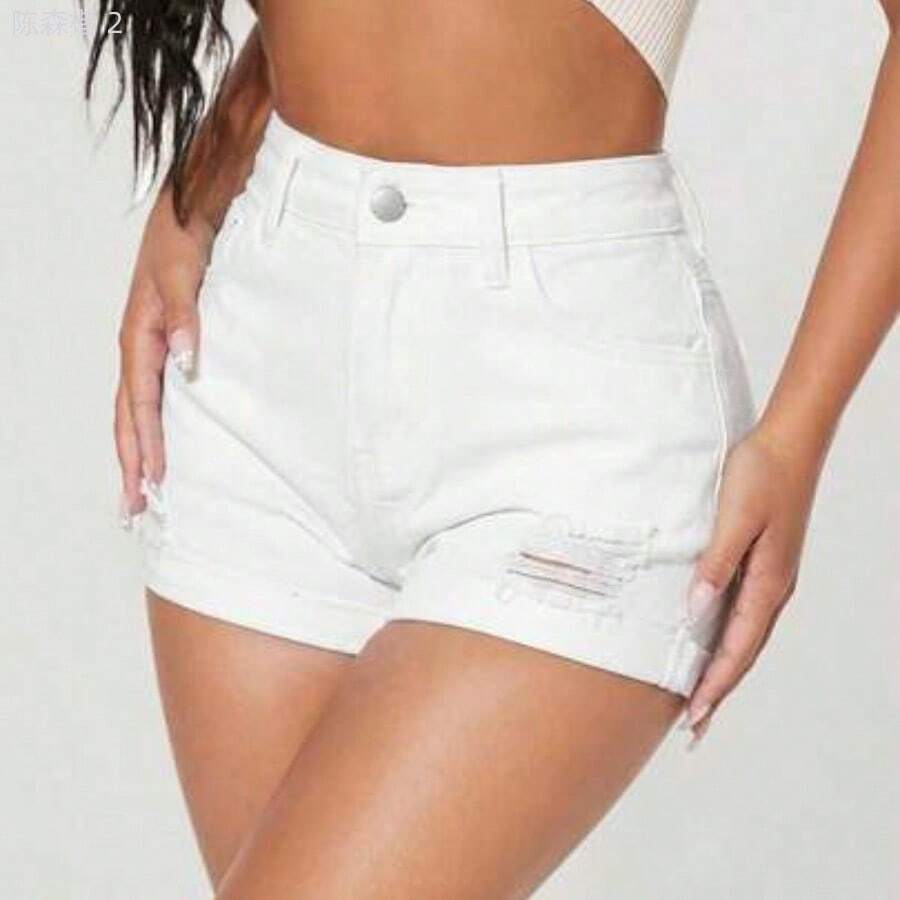 xuehuamaoyi02 PETITE Shorts vaqueros casuales y desgastados con bolsillos para mujer, versátiles para uso diario - Blanco - Ver 1