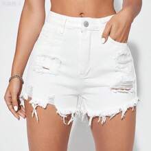 yonghongmaoyi1   Shorts vaqueros de mujer con bolsillos desgastados y deshilachados, de estilo casual - Gris Oscuro - Ver 2