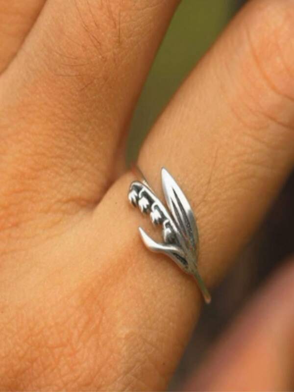 1pc Vintage Adjustable Lily Of The Valley Flower & Leaf Design Ring, Fashionable & Unique Finger Jewelry