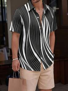 Casual Basic Gradient Artistic Striped Print Men's Button Pocket Short Sleeve Shirt - Black - View 2