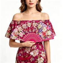 Floral Gold Foil Printed Folding Hand Fan With Tassel Pendant, Vintage Spanish Style Fan, Wedding Bride Ball Party Costume Accessory - Peony Flower Folding Fan - View 5