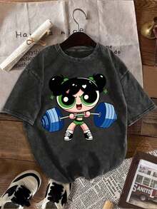 By WB Warner, Women's Distressed Wash Style T-Shirt, Powerpuff Girls Ball Hair Print, Crazy Iron-On Print Design On Front And Back, Spring And Summer Fashion, Casual Short Sleeve Crew Neck T-Shirt For Women, Loose Fit, Multicolor O - 黑色 - 查看 10