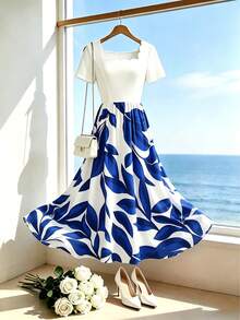 Dirp Noir Women's Early Autumn White & Klein Blue Large Leaf Plant Contrast Print Patchwork Wavy Square Neck Short Sleeve Ruched Mid-Length Drape Satin Dress, Suitable For Independence Day City Street Parade, European Town Street Photography, Light Business Afternoon Tea, Beach Casual Date, Spring/Summer Short Trip, Mexican Style - Blue and White - View 4
