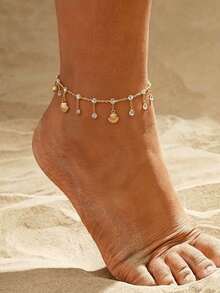 Summer Beach Vacation Style Gold Shell Pendant Anklet, Ethereal Rhinestone Tassel Ankle Chain, Beach Photo Accessory - Gold - View 1