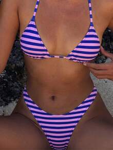 Women's Basic Striped Print Swimwear, Suitable For Various Occasions From Pool To Beach In Summer, Daily Mini Triangle Bikini Beach Outfit Vacation - Purple - View 2