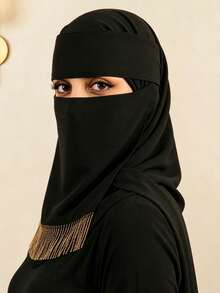 1PC Women's Solid Color Gold Tassel Niqab, Lightweight Breathable Tie-Up Black Fashion Versatile Face Mask - Black - Small Tassel Face Mask - View 3