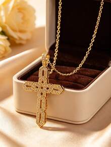 1pc Vintage Fashion Versatile Gothic Hip-Hop Style Geometric Design Pattern Zirconia Inlaid Cross Pendant Necklace, Suitable For Men And Women, Perfect For Banquets, Parties, Gatherings, Daily Wear, And As A Gift For Family And Friends - Multicolor - View 3