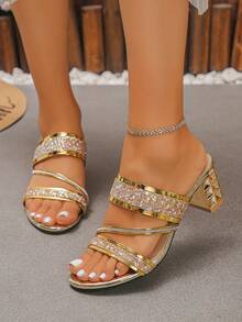 Teen Rhinestone Double Strap Thick Heel Sandals With No Heel For Easy Wearing And Taking Off, Suitable For Party/Daily Street Scenes - Gold - View 6