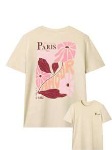 Camiseta de manga corta y cuello redondo para mujer, de corte holgado y estampado "Parisian Lovers", con un estilo muy parisino. - Albaricoque - Ver 7