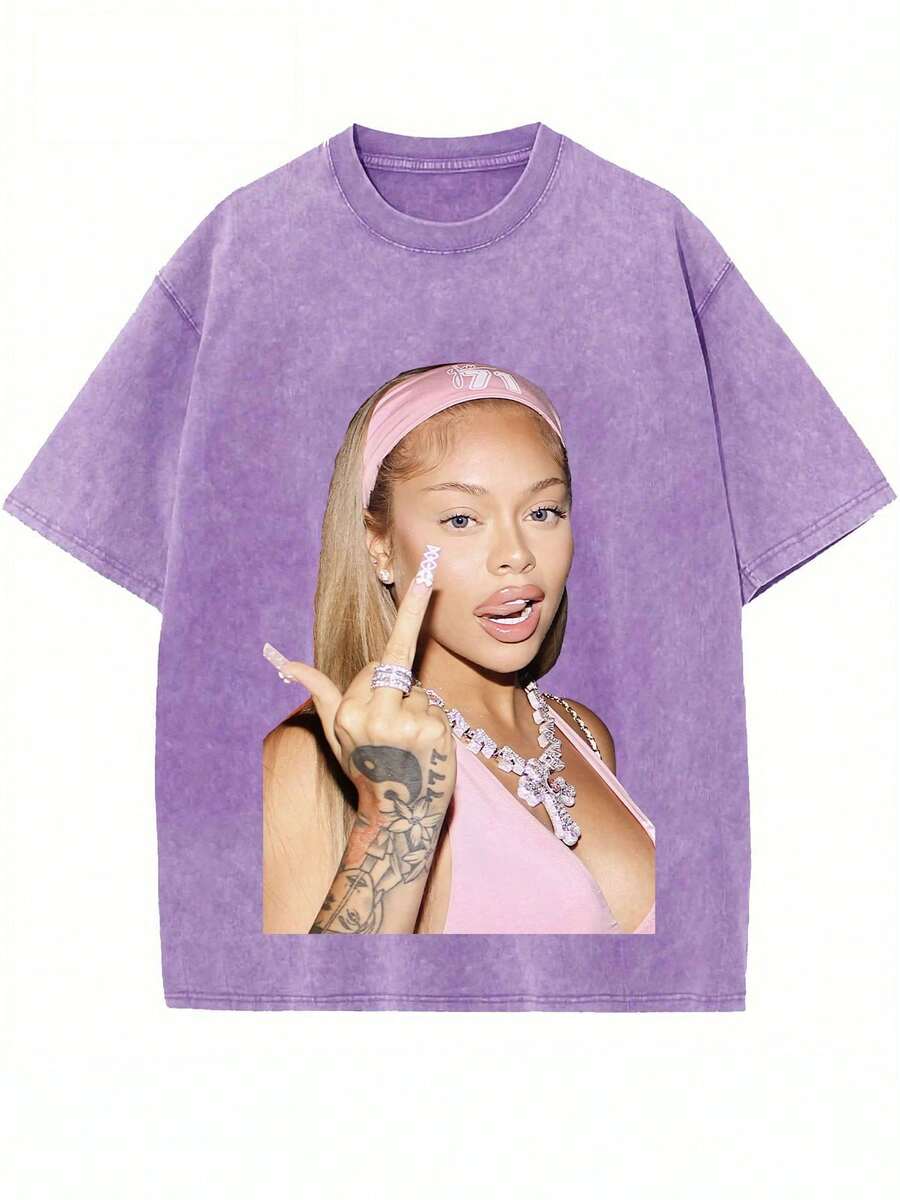 Women's Purple Y2K Cotton T-Shirt, Casual Short Sleeve Round Neck Streetwear Top, Regular Fit Oversized Graphic Tee - 紫色的 - 查看 1