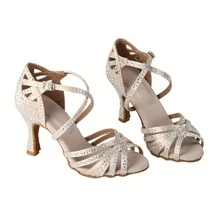 Women's Embellished Latin Dance Shoes, 7.5cm/2.95in Shiny High Heels For Salsa, Bachata, Tango, Ballroom, Performance & Party - Orange - View 6