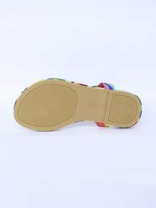 1 Pair Girls Rainbow Print Thong Flat Sandals With Pearl & Rhinestone Decor, Slip-On Design For Daily Wear - Multicolor - View 8