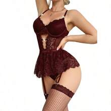 Lilosy Sexy Stocking Rhinestones Heart Garter Underwire Floral Mesh Lace Sheer Babydoll Lingerie Teddy Bodysuit Skirt Set - 酒紅色 - 查看 3