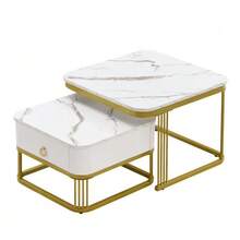 Stackable Coffee Table: Glossy Marble Look, Gold Details, Side Table With Drawers. Set Of Two Pieces. - White - View 1