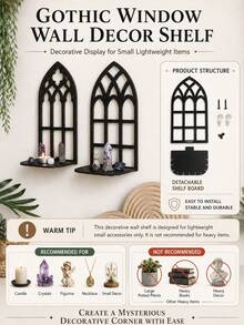 1 pieza Estantería de exhibición de cristal de estilo bohemio, estantería de pared con forma de ventana gótica, estantería de pared de iglesia vintage, soporte de vela de ventana falsa de color negro, ideal para fiestas de Halloween y decoración del hogar en la sala de estar y el dormitorio - Multicolor - Ver 5