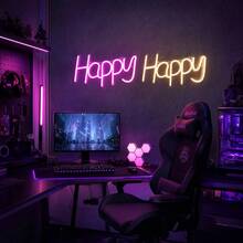 1個 LED 發光字母 Happy 霓虹燈牆面裝飾夜燈 電池/USB供電 遊戲室場景氛圍燈 居家節日派對 仙女燈 臥室裝飾 - Happy霓虹燈 - 查看 7