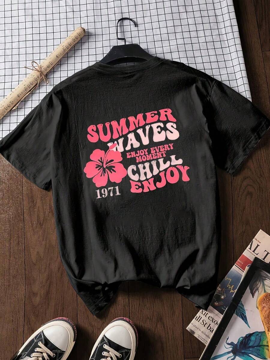 Women's Modern And Unique Printed Black T-Shirt - Unisex Urban Vintage Style, Loose Fit, Cotton, Short Sleeve, Round Neck, Blouses For Women. Casual Blouses For Ladies. - 黑色 - 查看 1