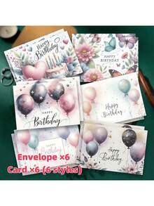 12pcs Watercolor Floral And Butterfly Birthday Greeting Cards With Envelopes - Featuring Soft Designs Of Balloons, Cakes, And Stars Suitable For Various Occasions, Perfect For Family, Friends, Women, And Men, Thank You Cards - Multicolor - View 1