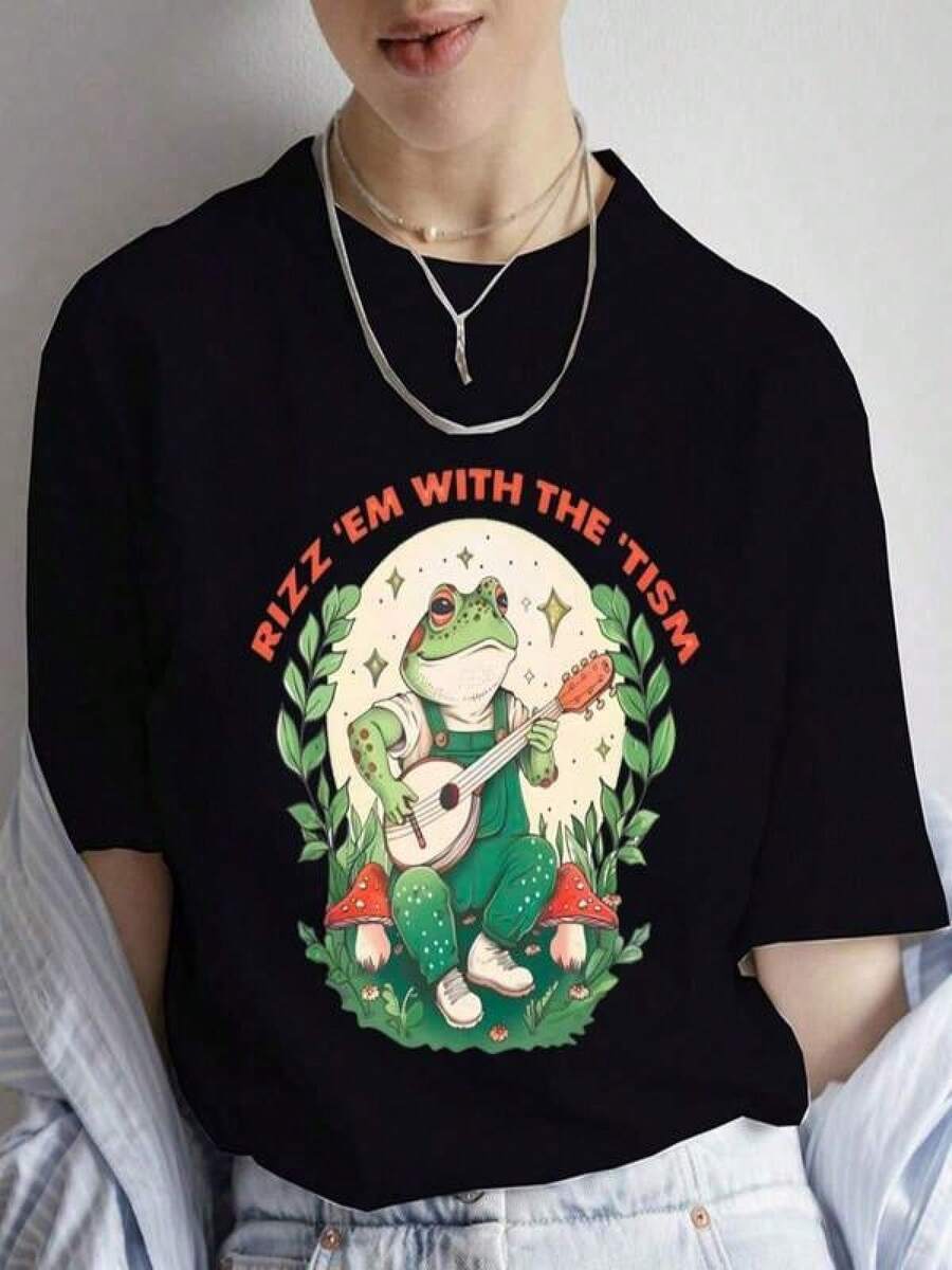 Camiseta de Concientización sobre el Autismo para Mujer, Ropa de Verano, Cuello Redondo, Manga Corta, Diseño Gráfico de de Rana, Estilo Y2K - Negro - Ver 1