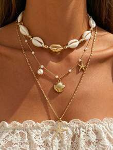3pcs Bohemian Style Necklace Set, Featuring Faux Pearl, Faux Shell And Starfish Designs, Multi-Layer Choker Necklace, Suitable For Daily Wear, Shopping, Vacation, Dating - 4808 White - View 2
