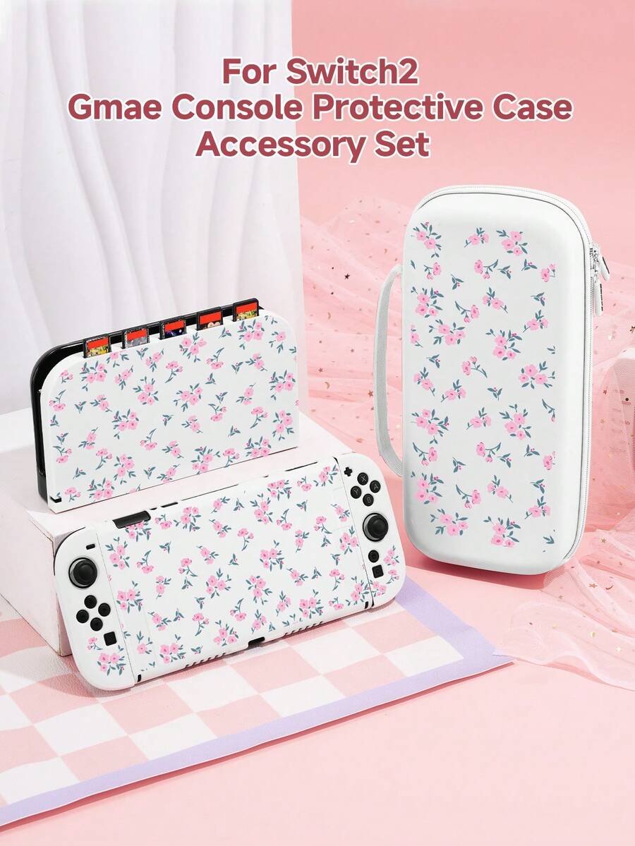 1pc Minimalist Elegant Gentle Style Pink Floral Pattern Switch2 (2025)/Switch NS/Switch OLED Compatible Game Console Accessory Set, Game Console Protective Case/Storage Bag/Dock Shell, TPU Soft Shell, Beautiful And Practical, Portable Stand, Portable Travel, Anti-Drop Anti-Scratch, Anti-Fouling, Fashion Romantic Gift - Multicolor - View 1