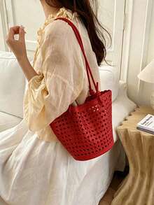 New Plaid Woven Bucket Bag, Fashionable Versatile Handheld Shoulder Bag, Commuter Essential, Work To Weekend - Multicolor - View 6