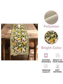 1pc Lemon Table Runner, Lemon Bird Leaf Floral Print, Lemon Yellow And Green Farmhouse Style Decor, Suitable For Kitchen Table, Party Holiday Centerpiece, Outdoor Activities, Rectangular Table Runner - Dark Green - View 9
