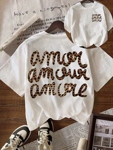 Women's Casual Short Sleeve Crew Neck T-Shirt With Leopard Print "More Love", Autumn, Back To School, Summer Clothing - 淺杏色 - 查看 1