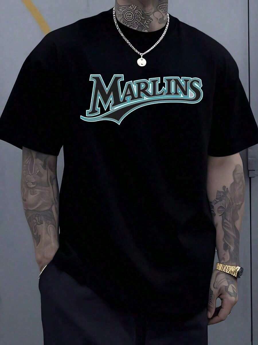 1 Stück Grafik-Logo Herren 220g Sport-T-Shirt Streetwear-Stil 100% Baumwolle T-Shirt Marlins-inspiriert Digital Bedrucktes T-Shirt Lässiges Hip-Hop Oversized Kurzarm-Oberteil - Schwarz - Übersicht 1