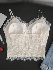 Summer Minimalist Sexy Eyelash Lace Camisole Tank Top For Women, Inner Wear With Chest Pads, French Gentle Style For Outings And Vacation Casual - Apricot - View 10