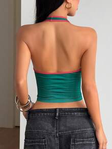 Áo hai dây croptop nữ phong cách retro in chữ, viền xanh & đỏ, kiểu thể thao, mặc thường ngày mùa hè - Nhiều màu - Xem 2