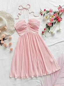 Vestido de estilo bohemio para mujer para la Pascua, vestido campesino, vestido de graduación y verano, vestido de verano y vacaciones para mujer, vestido de unicolor plisado de moda - Rosa - Ver 1