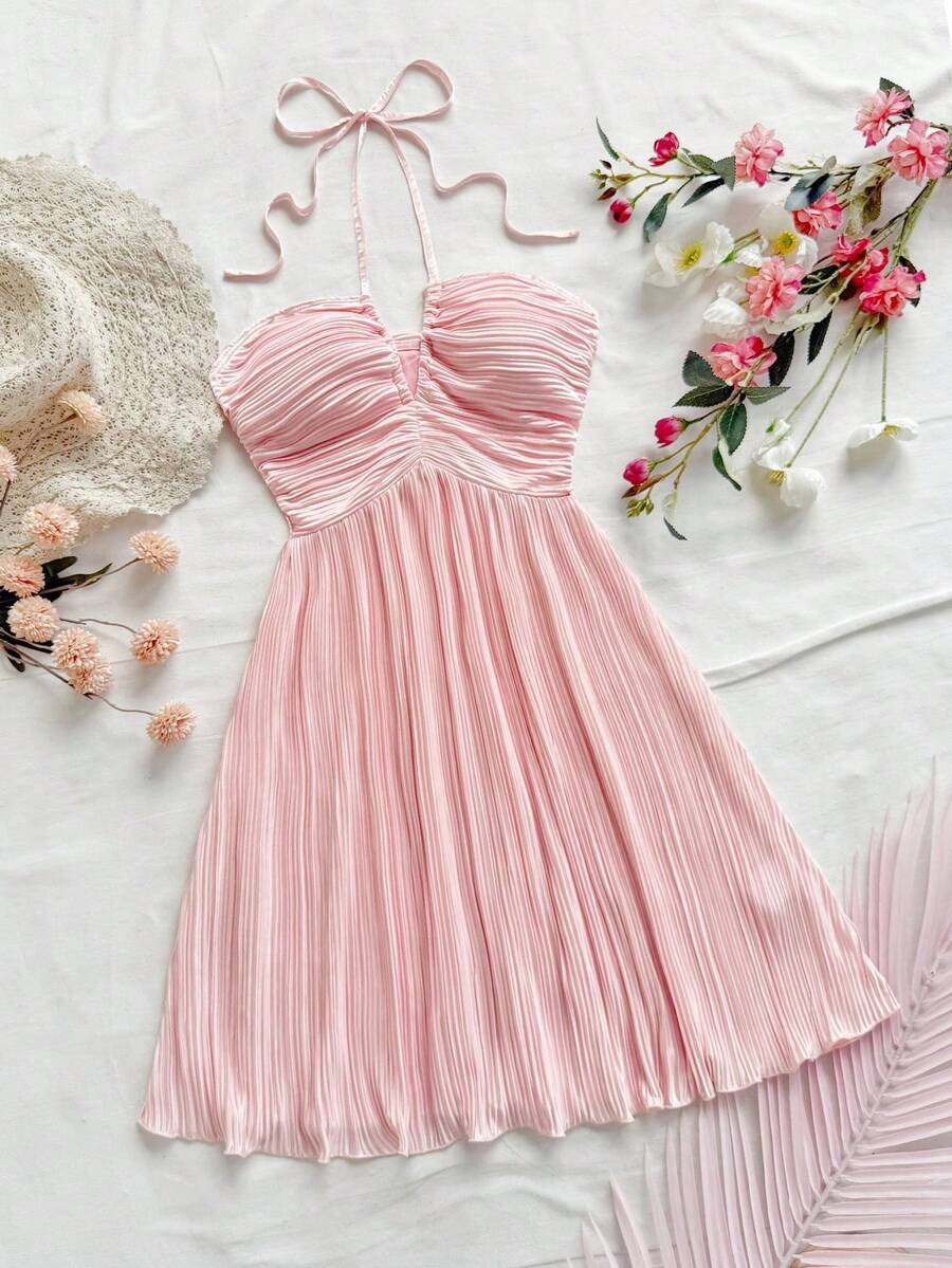 Vestido de estilo bohemio para mujer para la Pascua, vestido campesino, vestido de graduación y verano, vestido de verano y vacaciones para mujer, vestido de unicolor plisado de moda - Rosa - Ver 1