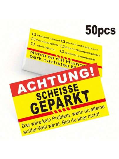 50pcs Funny German Parking Cards, Yellow Humorous Parking Notices, Paper Parking Cards For Unauthorized Parked Vehicles, Warning Parking Cards