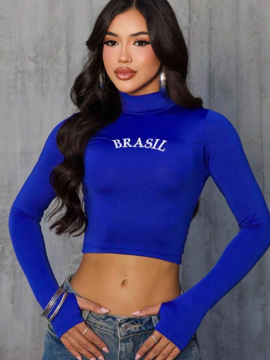 Women's Cropped High Neck Blouse Brazil World Cup Fan - Blue - View 1
