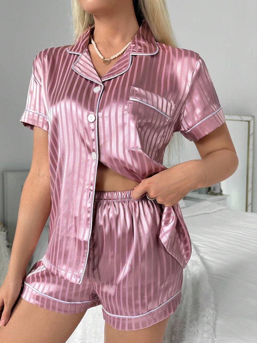 Satin Pajama Set With Contrasting Striped Jacquard Trim - Beige - View 1