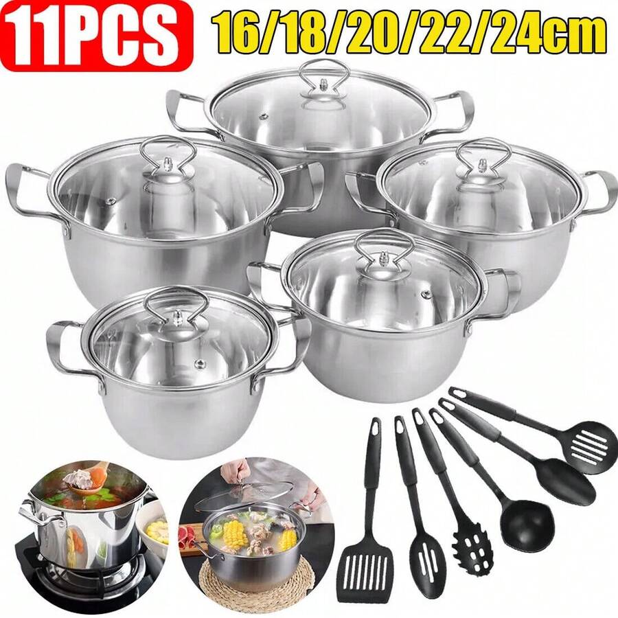 11PCS Induction Non Stick Stainless Steel Cookware Cooking Pot Pan With Lids Set - View 1