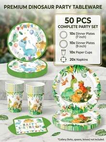 Bộ 50 món đồ dùng trang trí tiệc sinh nhật chủ đề khủng long dễ thương "Chúc mừng sinh nhật" - Mũ đội đầu hình khủng long nhiều màu sắc, bóng bay và đĩa, cốc, khăn ăn dùng một lần họa tiết lá nhiệt đới | Thích hợp cho tiệc sinh nhật khủng long của trẻ em, buổi tụ họp phiêu lưu thời tiền sử và lễ hội rừng rậm | Khủng long bạo chúa Tyrannosaurus Rex đáng yêu - Nhiều màu - Xem 1