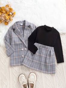 Young Girl 3-Piece Set: Plaid Double-Breasted Rose Blazer, Solid Color Top, And Plaid Mini Skirt, Casual Chic Outfit For School, Outdoor, Commute, And Vacation - Blue - View 2