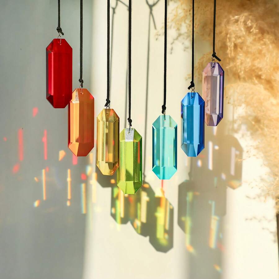 7 Colors Crystal Suncatcher Prism, Indoor Window Hanging Decor Rainbow Glass Prism Sun Catcher Decoration, For Home Garden Decor - Seven-color 76mm Long Strip - View 1