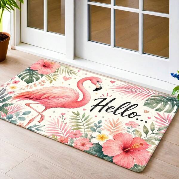 Commercial Mat , ,  Flamingo Floral Pattern Floor Mat, Durable, Stain-Resistant, Machine Washable, Universal Indoor Floor Mat, Door Mat, Kitchen, Balcony, Corridor, Entrance Carpet, Office, Bedside, Bathroom, Porch, Dog Floor Mat