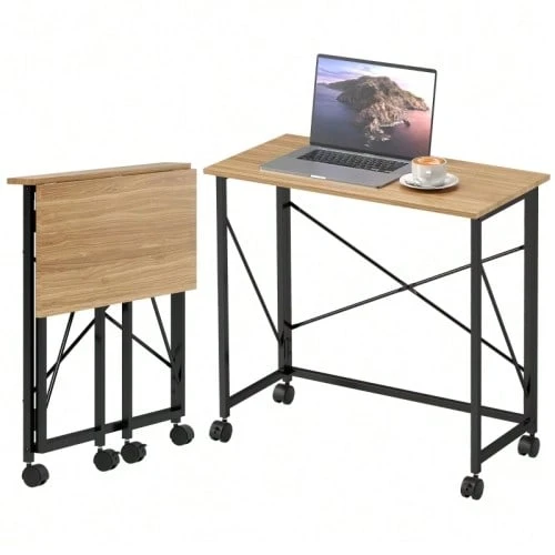 Folding Desk, Small 80cm Folding Desk With Casters, Space-Saving Computer Desk For Home Office, Oak - Natural Color - View 1