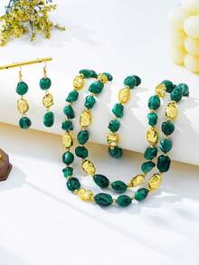 4pcs/Set Fashion Elegant Acrylic Asymmetrical Geometric Beaded Pendant Bracelet Necklace Earrings Set, Suitable For Women's Daily Summer Vacation Party Holiday Wear - Green - View 2