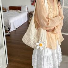 Casual Versatile Crochet Knit Large Capacity Shoulder Bag - Beige - View 3