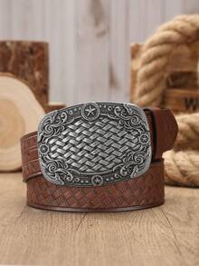1pc Men's Western Style Large Buckle PU Leather Embossed Belt, Suitable For Jeans (Includes Hole Punching Nails) - BH1134 - View 4