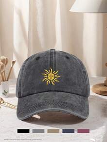 1 Pc Gender-Neutral Retro Sun Print Baseball Cap, Adjustable Design, Suitable For Outdoor Activities, Travel And Running, Sun Hat For Sun Exposure - Coffee Brown - View 10